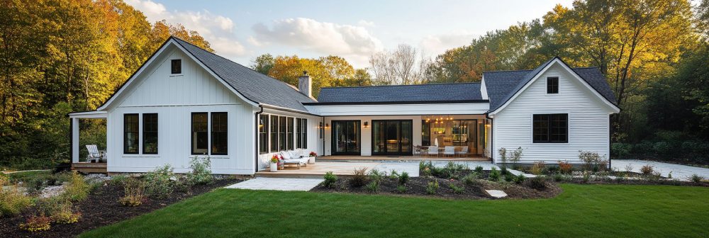 an L shaped house with a new addition built on the side