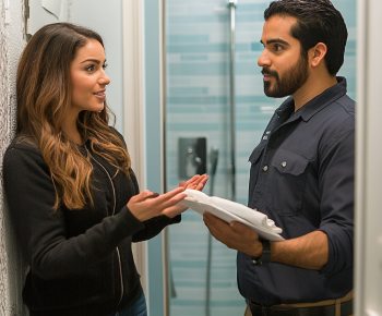 lady talking to a bathroom remodeling contractor