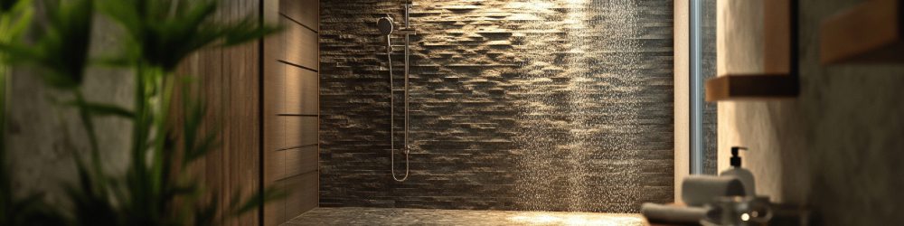 a walk in shower in an asian style home