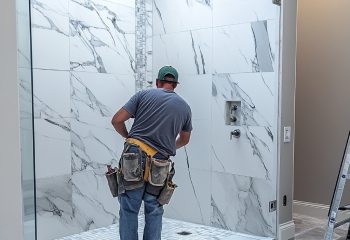 a worker installing a walk in shower in a bathroom