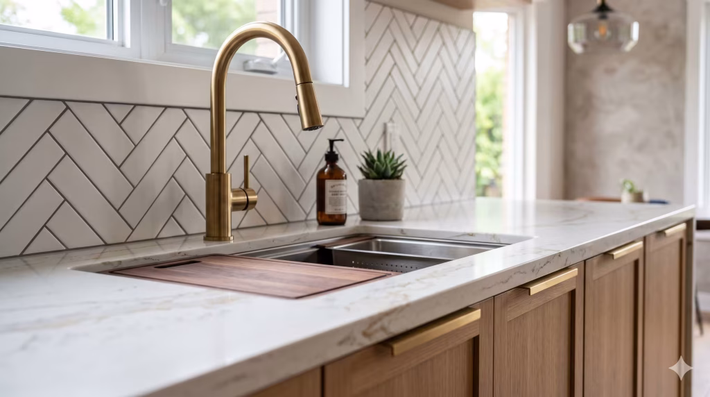 Brushed metal kitchen faucet and workstation sink with modern cabinet hardware