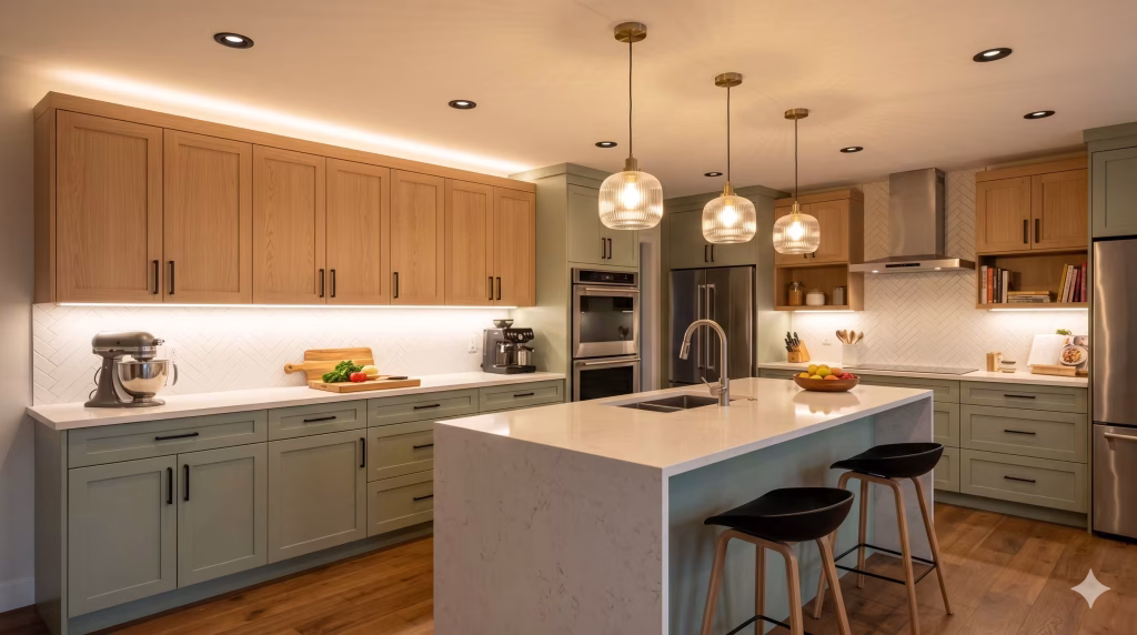 Layered kitchen lighting with under-cabinet lights, recessed lights, and island pendants