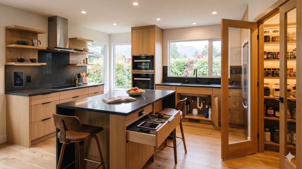 Smart kitchen features including charging drawer, smart lighting, and leak sensor
