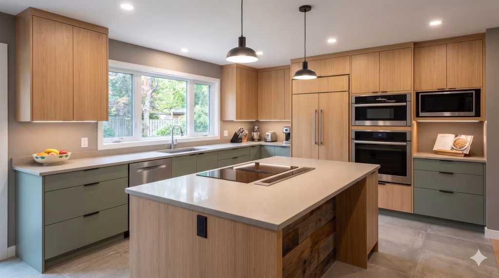 Sustainable kitchen renovation with energy-efficient appliances, LED lighting, and durable materials