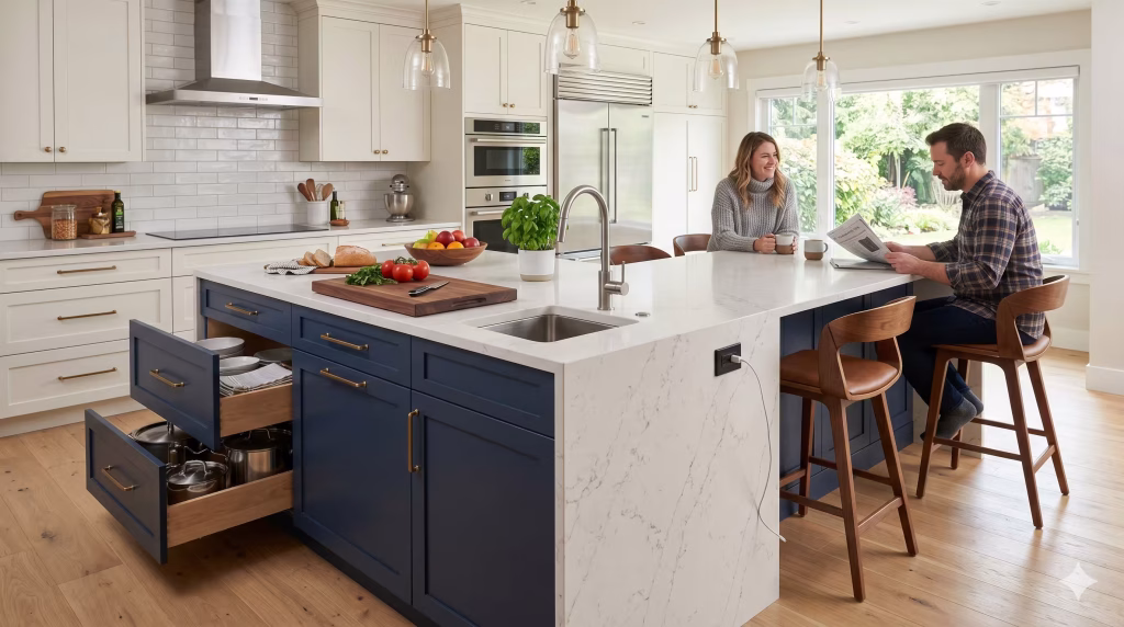 large kitchen island with deep drawers, seating, prep space, outlet, and waterfall or quartz countertop