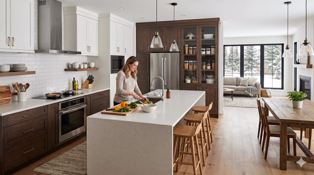 open concept kitchen with island, prep zone, cooking zone, pantry wall, and clear walkway space