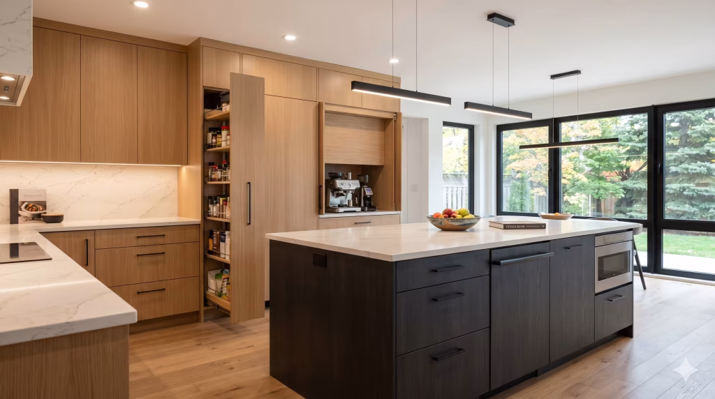 warm white oak kitchen cabinets with darker island, clean cabinet doors, and hidden storage